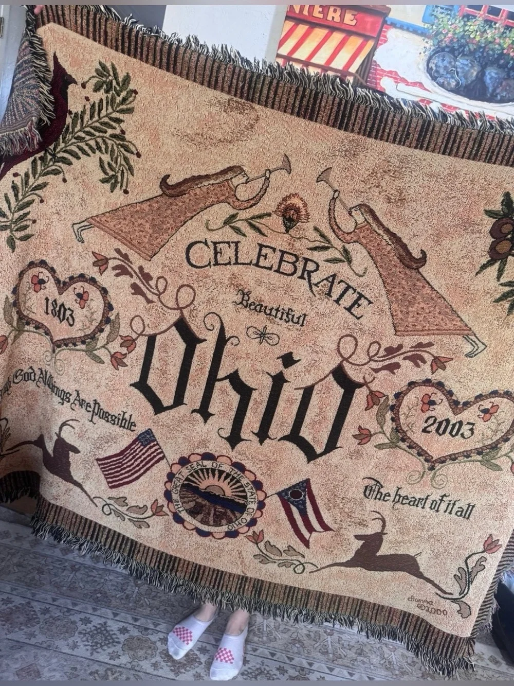 Vintage large Ohio State blanket patriotic 2003 tapestry, throw blanket, angels